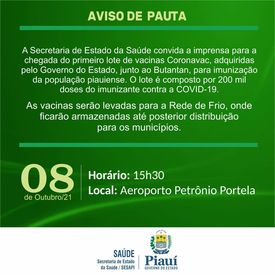 Duzentas mil doses de CoronaVac compradas pelo Piauí chegam ao estado nesta sexta (8)